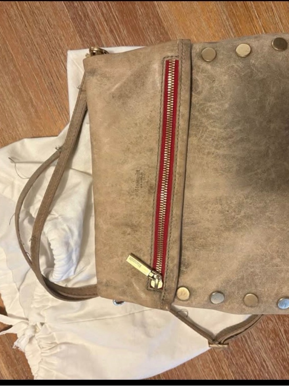 Hammitt Beige Suede Shoulder Bag with Red Zip